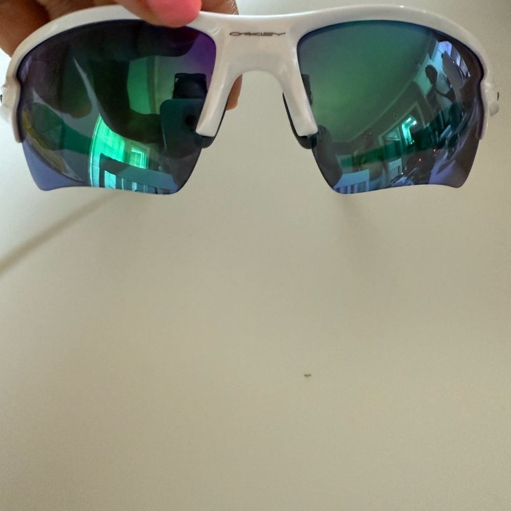 Used Oakley White Frame Sunglasses with Blue-Green Lenses